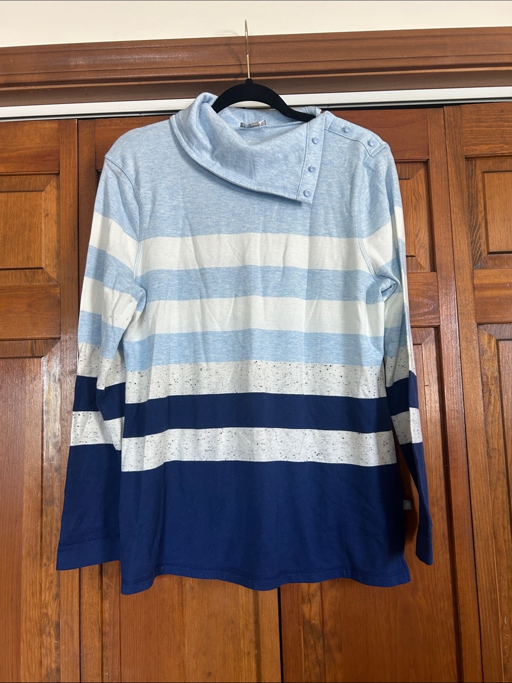 Talbots Blue & White Striped Button-Shoulder Cowl Sweater